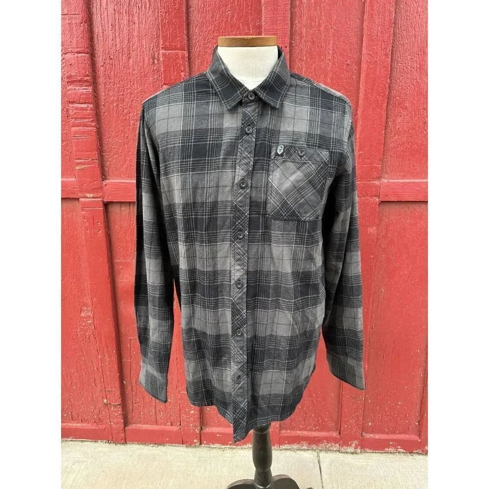 Metal Mulisha Mens Grey Plaid Button Down Flannel Size Large